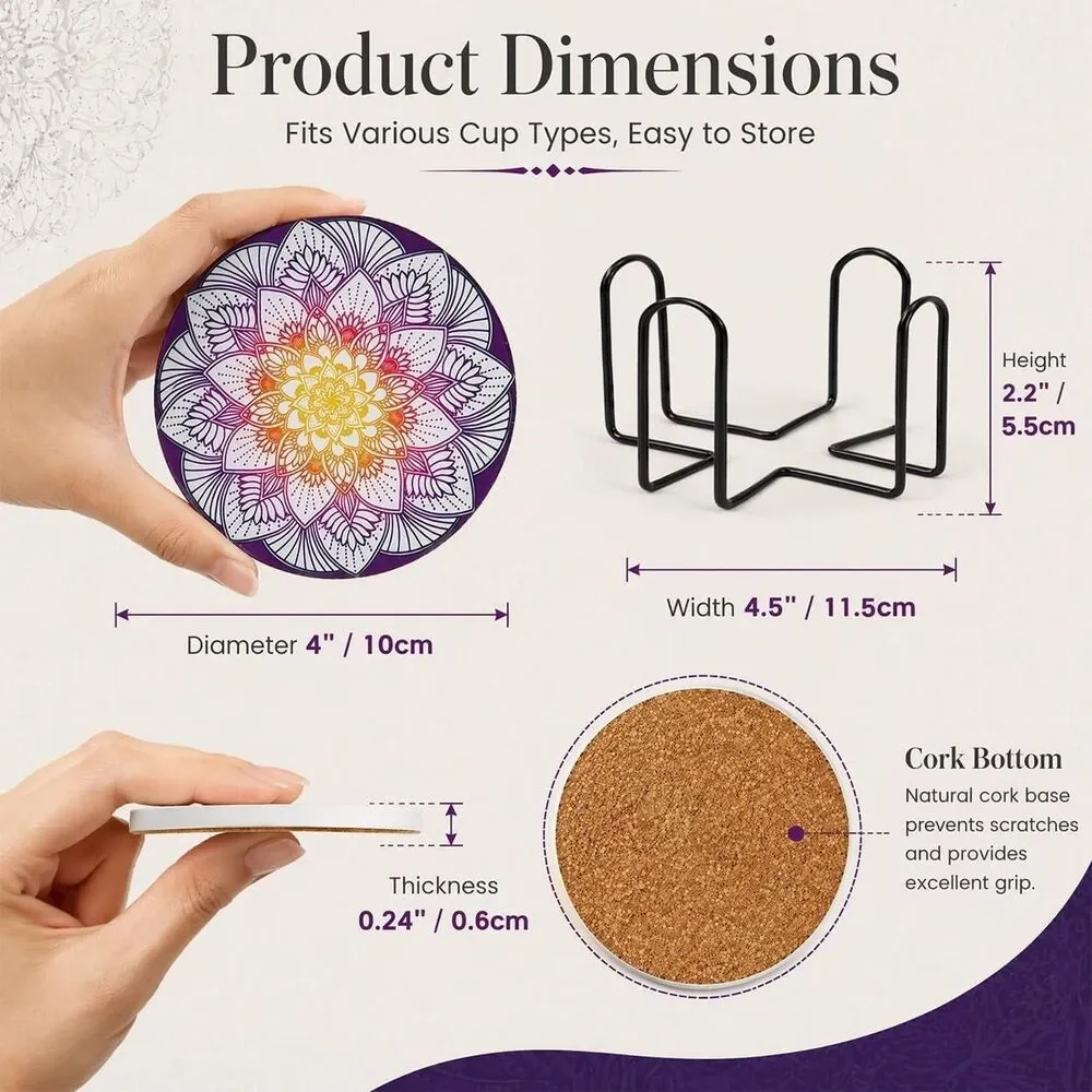 Ceramic Drink Coasters Set of 6 Absorbent Mandala Cork Holder Table Protector
